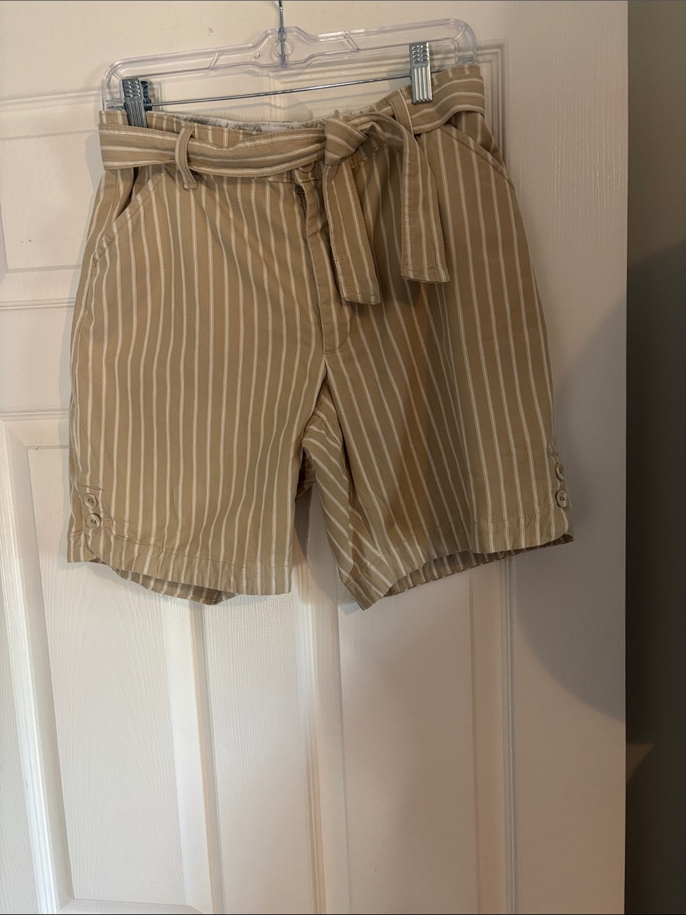 Lee Beige and White Striped Paperbag Waist Shorts